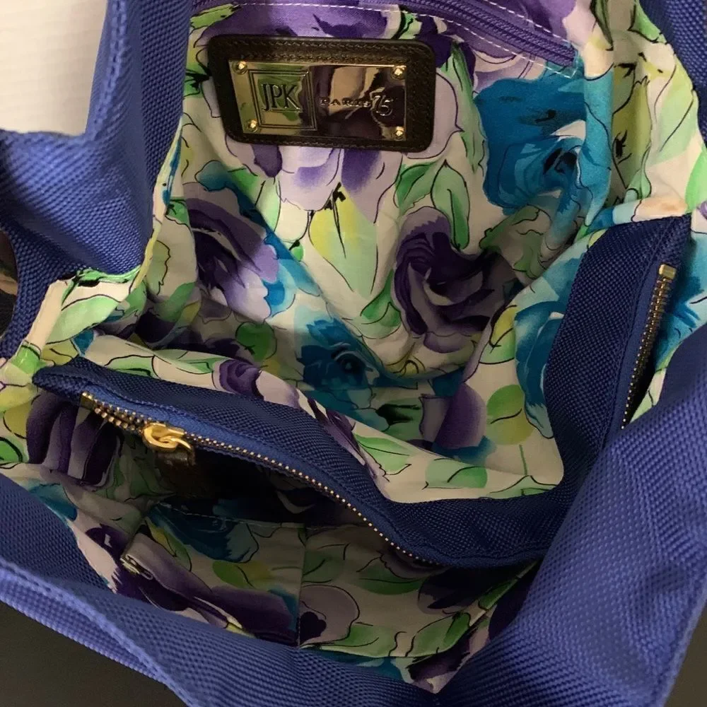 JPK Paris 75 Blue Nylon Tote With Braided Leather Handles + Gold Hardware